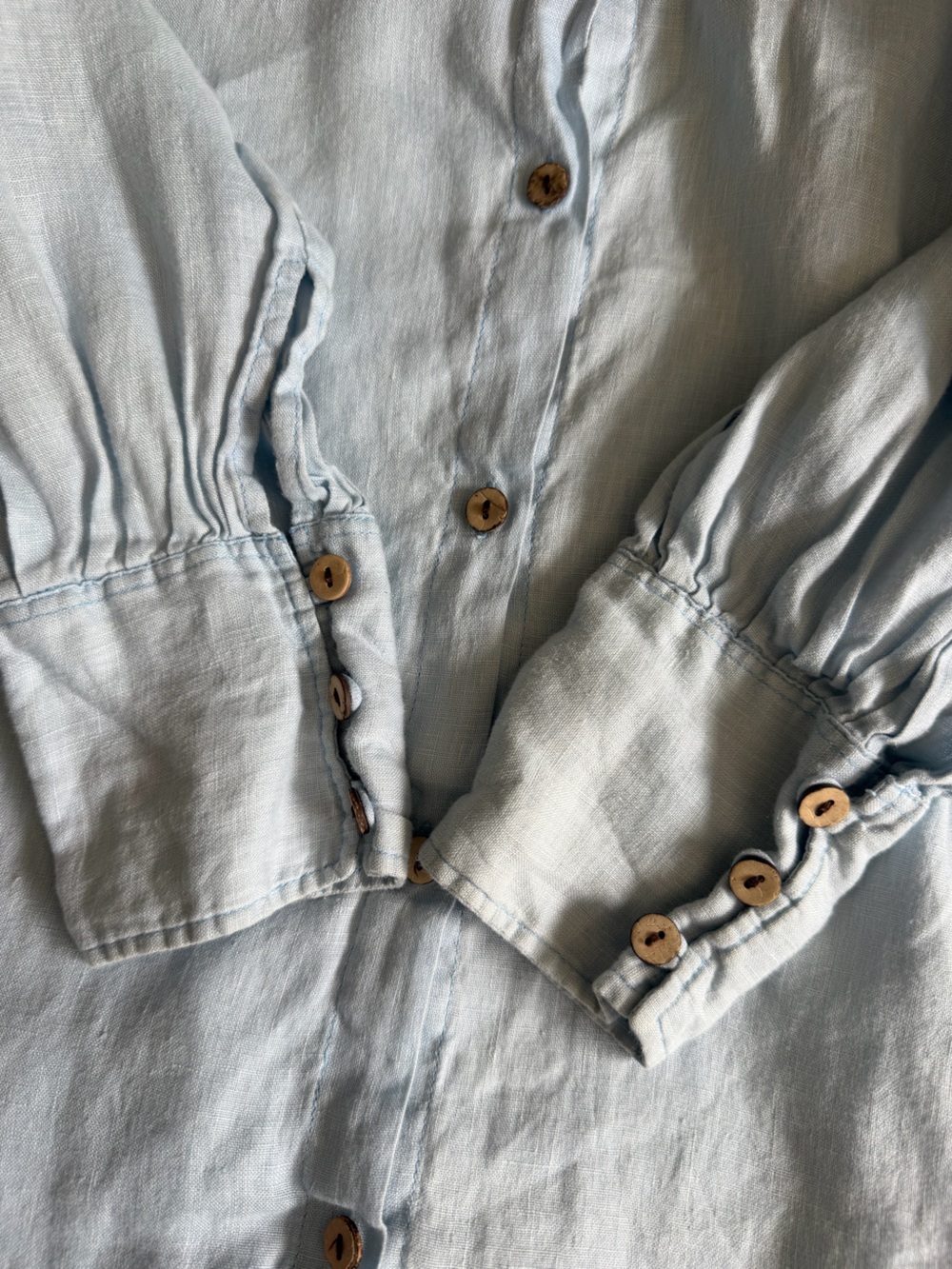 Raw + Flow Handmade 100% Linen Blue Balloon Sleeve Long Sleeve Button Down Shirt - Picture 11 of 15
